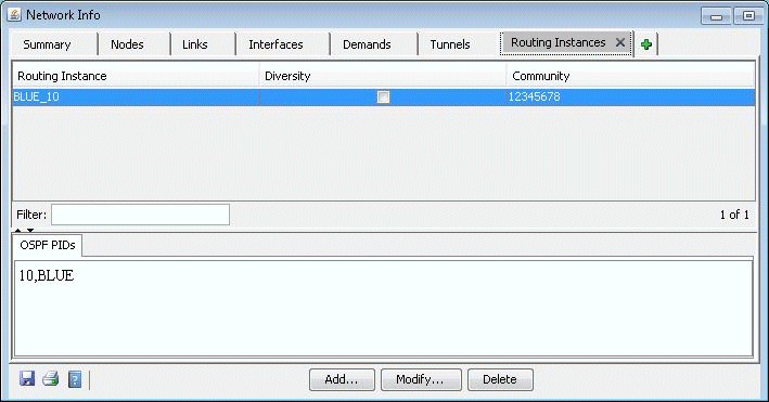 Network Info software interface showing Routing Instances tab with a table listing one instance named BLUE_10 with Diversity checked and Community value 12345678. Filter input box and OSPF PIDs section with value 10,BLUE are below the table. Add, Modify, and Delete buttons are at the bottom.