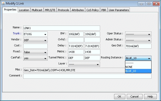 Network configuration interface screenshot showing Modify 1 Link dialog for link properties. Fields include Name LINK1, Trunk ET10G, Vendor DEF, Bandwidth 10Gdef, Delay 7.014DEF, Metric 1438, Routing Instance BLUE_10, Geo Dist 701midef. Tabs for additional settings and buttons for OK, Cancel, Help.