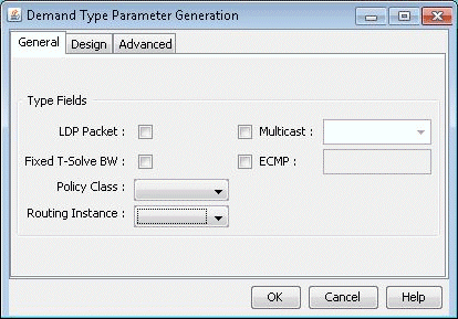 Software interface window titled Demand Type Parameter Generation with General tab open. Contains fields for configuring network parameters like LDP Packet, Multicast, ECMP, and buttons: OK, Cancel, Help.