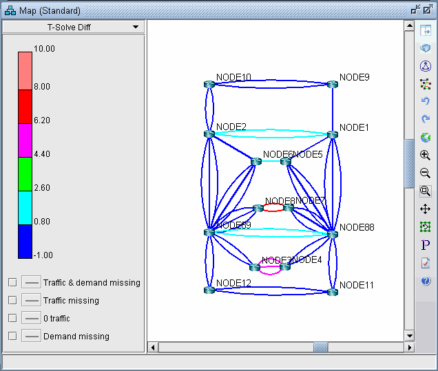 Network diagram showing nodes with color-coded connections indicating traffic levels. Legend ranges from -1.00 to 10.00.