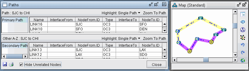 Network management interface showing Paths and Map panels. Paths panel details primary and secondary network paths from SJC to CHI. Map panel visualizes network paths with nodes and color-coded links.