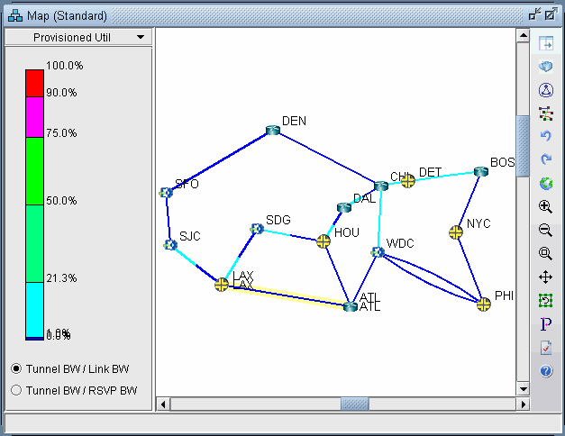 Network map with nodes labeled by airport codes like SFO and LAX, showing bandwidth utilization from blue to red.