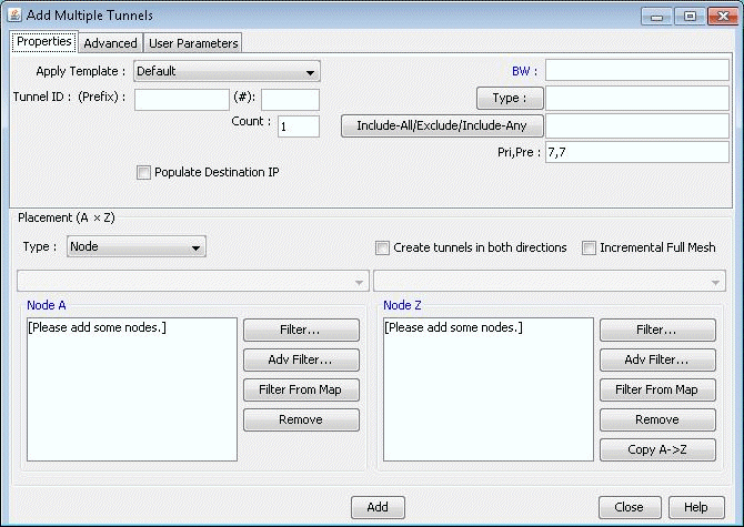 Screenshot of a software interface titled Add Multiple Tunnels showing tabs, fields, and options for configuring network tunnels between nodes.