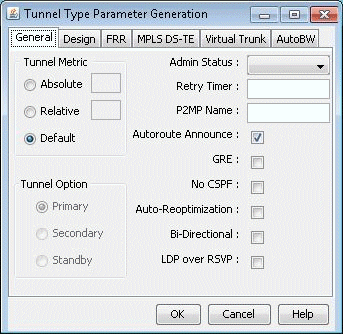 Tunnel Type Parameter Generation window for network configuration. Options include tunnel metric, admin status, retry timer, P2MP name, autoroute announce, GRE, no CSPF, auto-reoptimization, bi-directional, LDP over RSVP, and tunnel option. Buttons: OK, Cancel, Help.