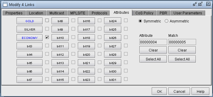 Graphical user interface for network link configuration with service levels, bit settings, symmetric-asymmetric options, and control buttons.