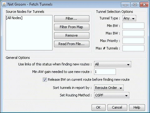 Net Groom - Fetch Tunnels software interface for managing network tunnels with options for source nodes, tunnel criteria, and OSPF routing.