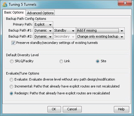 Screenshot of a configuration window titled Tuning 5 Tunnels in a network software app. Basic Options tab visible with settings for backup paths, diversity levels, and tuning. Primary path is explicit. Backup Path 1 is dynamic standby with add if missing option. Backup Path 2 is dynamic secondary with change only existing backup option. Checkbox to preserve standby or secondary settings. Default diversity level set to Site. Evaluate Tune Options include Evaluate, Incremental, and Redesign. OK, Cancel, and Help buttons present.