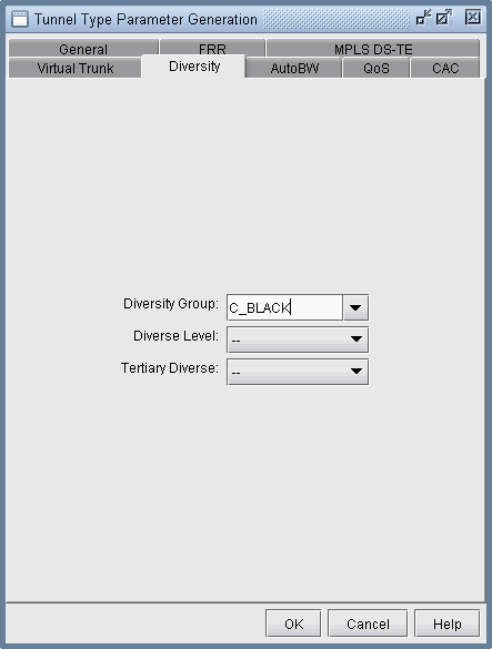 Tunnel Type Parameter Generation interface showing selected Diversity tab with dropdowns for Diversity Group set to C_BLACK and Diverse Level and Tertiary Diverse unselected.