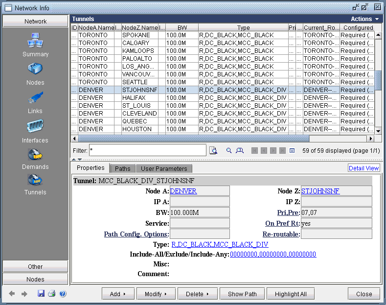 Screenshot of a network management tool showing a table of network tunnels with details like Node A and Z names, bandwidth, type, and priority.