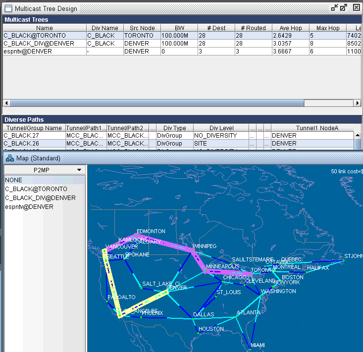 Multicast tree design screenshot showing network details: multicast trees, diverse paths, and map of North America with nodes and links.