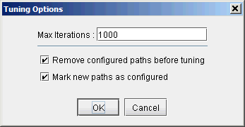 Tuning Options dialog box with Max Iterations set to 1000; options to remove configured paths and mark new paths checked; OK and Cancel buttons.