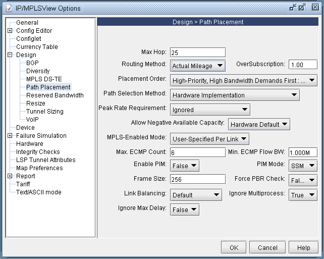 IP/MPLSView configuration window showing Design > Path Placement settings with parameters like Max Hop, Routing Method, and ECMP Count.