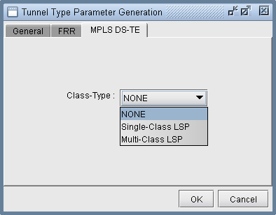 Configuration window for Tunnel Type Parameter Generation with tabs: General, FRR, MPLS DS-TE. MPLS DS-TE tab active. Class-Type options: NONE, Single-Class LSP, Multi-Class LSP. OK and Cancel buttons available.