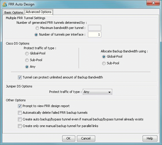 Software configuration window titled FRR Auto Design for setting up Fast Reroute tunnels with sections for basic options, Cisco DS options, Juniper DS options, and other options.