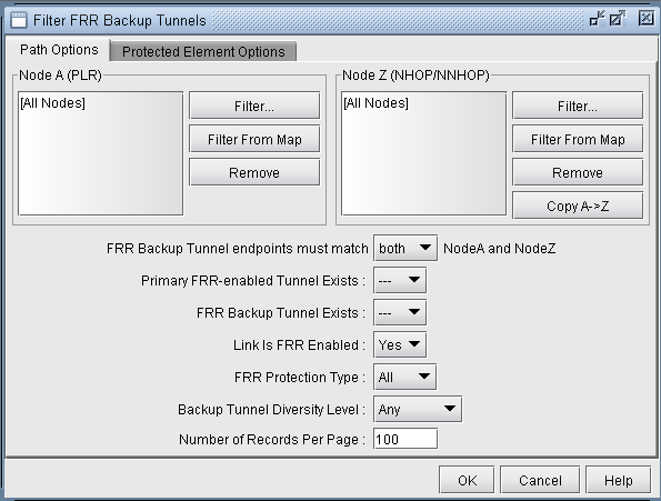 Filter FRR Backup Tunnels configuration window with tabs Path Options and Protected Element Options. Node A and Node Z filter sections, buttons for filtering and node selection, Copy A to Z button, FRR Backup Tunnel settings dropdowns, and action buttons OK, Cancel, Help. Used for configuring Fast Reroute backup tunnels in network management.