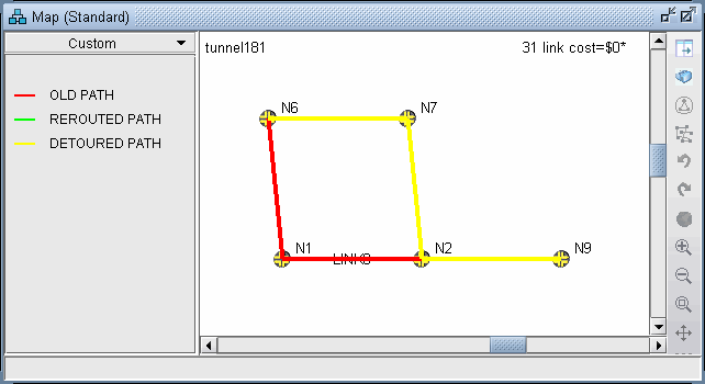 Network diagram showing paths between nodes N1 N2 N6 N7 N9. Old path in red disrupted. New rerouted path in green. Detoured path in yellow. Labeled tunnel181 with link cost 31.