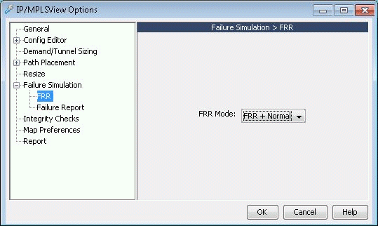 Software interface window titled IP/MPLSView Options with menu options including Failure Simulation expanded to show FRR and Failure Report. Settings for FRR mode displayed with current selection FRR plus Normal. Buttons OK, Cancel, and Help at the bottom.