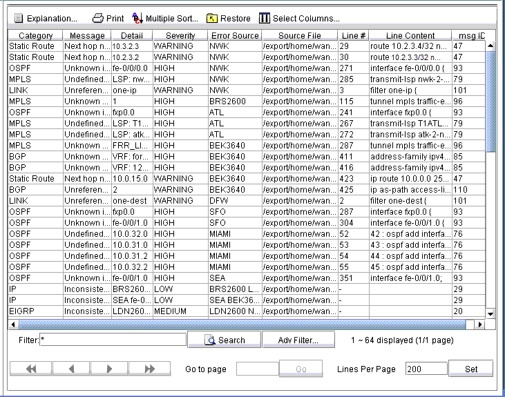 Log viewer interface with columns for Category, Message, Severity, and Event Source. Dark theme with white text.