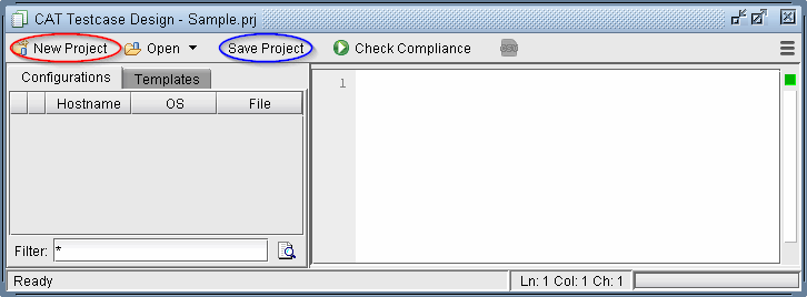 Graphical user interface of CAT Testcase Design software for test case management. Toolbar with New Project and Save Project buttons, Compliance Check option. Configurations and Templates section with tabs, blank text editor on the right. Status bar shows Ready.