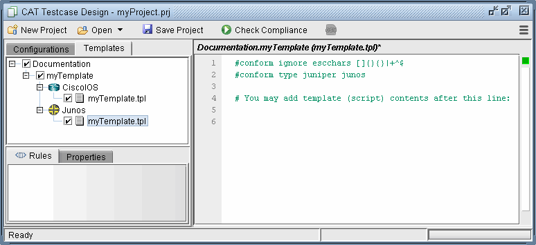 Screenshot of CAT Testcase Design software with myProject.prj open. Left panel shows Configurations and Templates with Documentation folder myTemplate containing CiscoIOS and Junos subfolders. Right panel displays text editor with template configuration directives for ignoring characters and specifying type as juniper junos, plus placeholder for scripts.