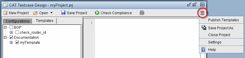 Screenshot of CAT Testcase Design software with myProject.prj open, showing menu bar options, sidebar tabs Configurations and Templates, and vertical ellipsis menu.