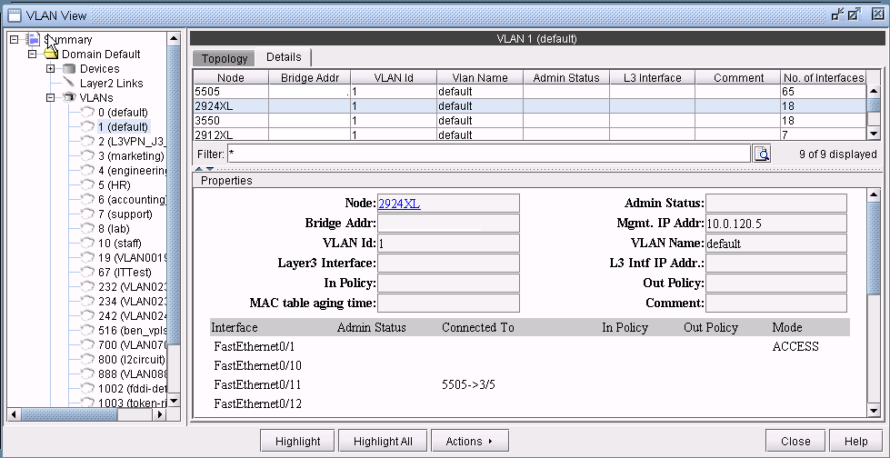 VLAN management interface showing hierarchical network view, VLAN configurations, node details, and interface properties for network monitoring and configuration.