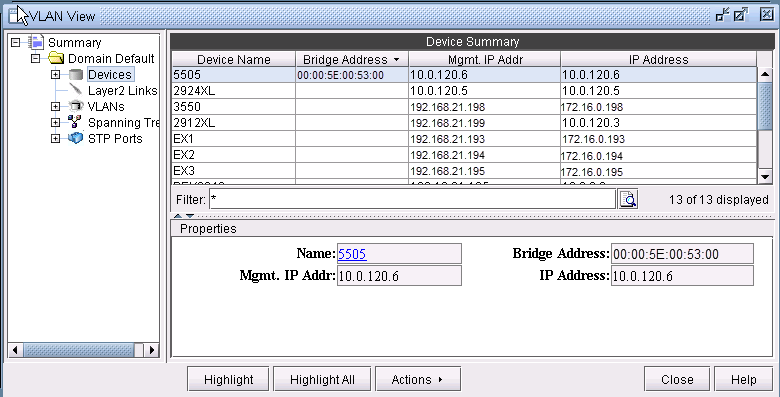 Screenshot of a VLAN network management interface displaying device summary with names, MAC addresses, and management IPs in a table format.