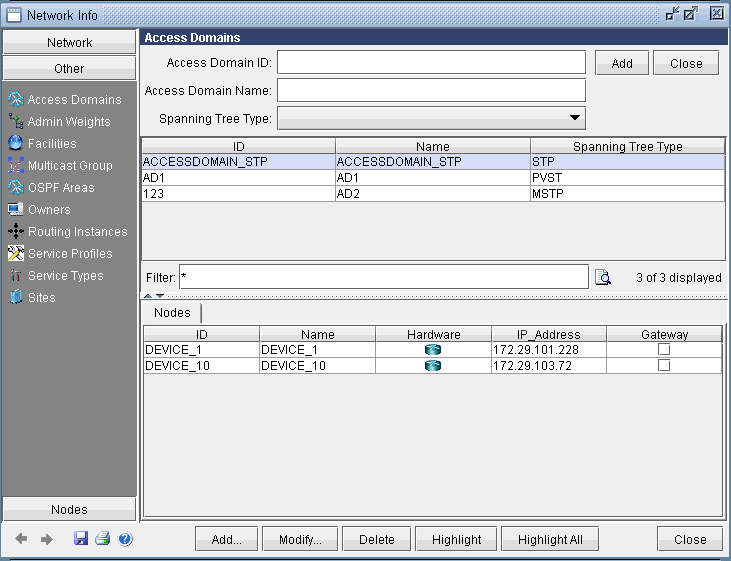 Network management interface for configuring access domains and monitoring network nodes. Includes sections for Access Domain ID, Name, Spanning Tree Type, and a table of nodes with ID, Name, Hardware, IP Address, and Gateway status. Navigation options on the left and action buttons at the bottom.