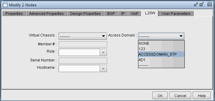 Software interface for modifying network nodes with tabs for Properties, BGP, and VoIP. Fields for Virtual Chassis, Access Domain, and Hostname. OK, Cancel, and Help buttons.