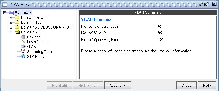 VLAN management interface showing domains like Domain Default and Domain AD1 with 45 switch nodes and 891 VLANs.