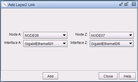 Dialog box titled Add Layer2 Link for creating Layer 2 connections between network nodes with dropdowns for Node A and Z, Interface A and Z, and buttons: Add, Close, Help.