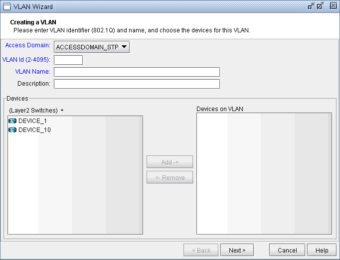 VLAN Wizard interface for setting up VLAN with fields for VLAN ID, name, description, device selection, and navigation options.