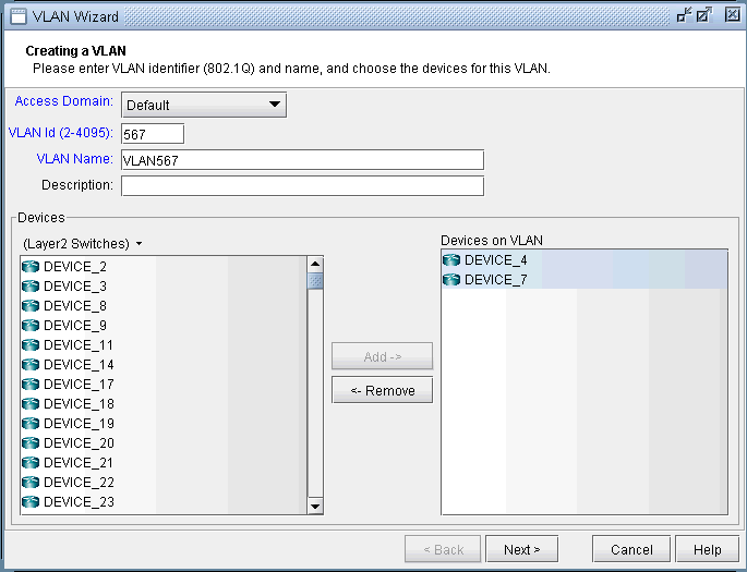 VLAN configuration wizard interface for creating and managing VLANs with fields for VLAN ID and name, device selection, and navigation buttons.