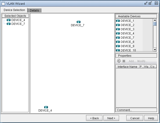 Graphical interface of VLAN Wizard tool for configuring VLANs; shows selected devices DEVICE_4 and DEVICE_7, available devices list, and navigation buttons.