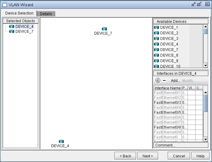 VLAN Wizard interface with DEVICE_4 and DEVICE_7 selected for configuration. Navigation buttons and device lists are visible.