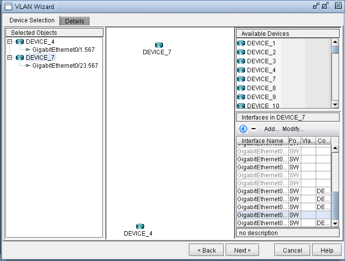 VLAN Wizard interface for configuring VLANs showing Selected Objects panel with DEVICE_4 and DEVICE_7, visual representation of devices, and Available Devices list.