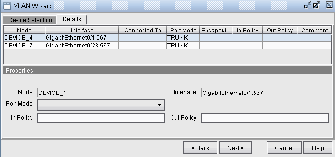 VLAN Wizard interface showing Device Selection table with DEVICE_4 and DEVICE_7 in TRUNK mode. DEVICE_4 properties displayed below.