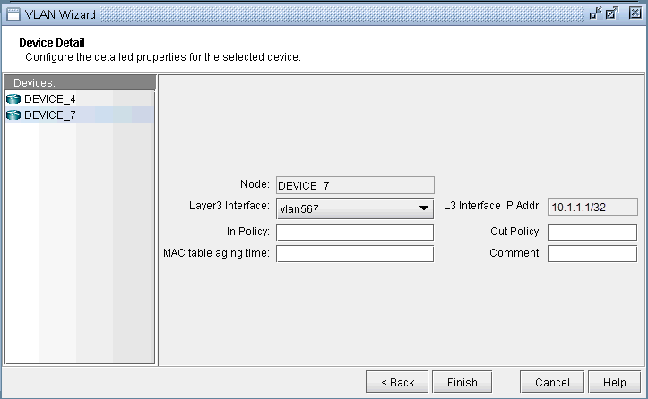 VLAN Wizard interface displaying Device Detail section for DEVICE_7 configuration with IP 10.1.1.1/32 and navigation buttons at the bottom.