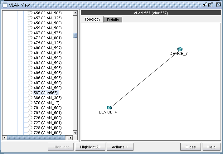 VLAN management tool showing VLAN 567. Left panel lists VLANs. Right panel displays topology with DEVICE_4 and DEVICE_7 connected. Active Topology tab.