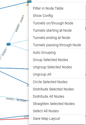 Context menu from a network visualization tool with options for filtering, showing config, managing tunnels, grouping nodes, and saving layout.