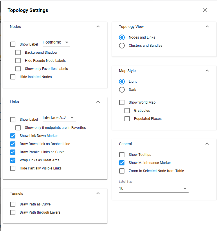 Topology Settings panel for network visualization with customizable options for nodes, links, tunnels, view modes, map style, and general settings.