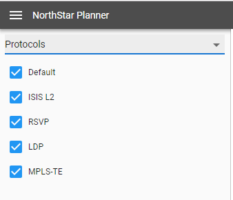 NorthStar Planner UI showing selected networking protocols: Default, ISIS L2, RSVP, LDP, MPLS-TE.