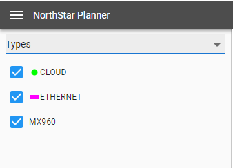 Types filter menu in NorthStar Planner with options: CLOUD with green dot, ETHERNET with pink square, and MX960, all checked.