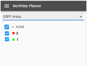 NorthStar Planner interface showing OSPF Areas dropdown with options: NONE, 0, 1; all options are selected.
