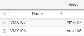 Table showing virtual machine names and nodes: VMX107 with node vmx107; VMX106 with node vmx106.