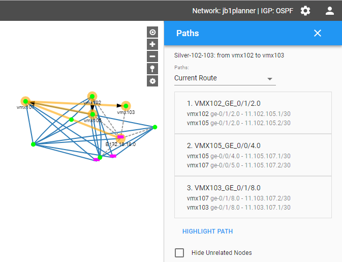 Network visualization tool showing nodes and links using OSPF protocol. Highlighted path from vmx102 to vmx103 via vmx105 and vmx107.