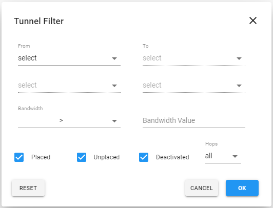 Tunnel Filter interface for network management with dropdown menus for tunnel endpoints, bandwidth threshold options, status checkboxes, hops selection, and buttons to reset, cancel, or apply filters.