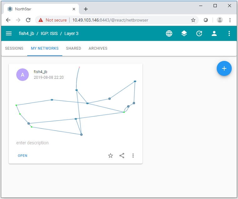NorthStar web app interface showing network topology diagram fish4_jb with nodes and connections. Tabs for Sessions, My Networks, Shared, and Archives. Connection not secure.