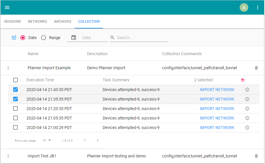 User interface screenshot for a network management app showing a Collection tab with filter options, search bar, and data table containing tasks like Planner Import Example with execution details and an IMPORT NETWORK button.
