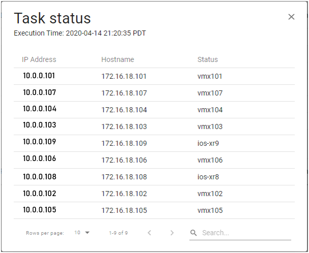 Task status table in network management system showing IP addresses, hostnames, and device status. Task executed on 2020-04-14 21:20:35 PDT.